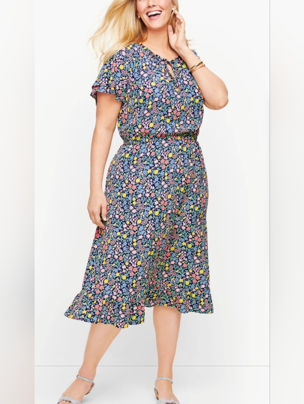 TALBOTS Floral Gathered Tie Neck Dress Size 16 WP